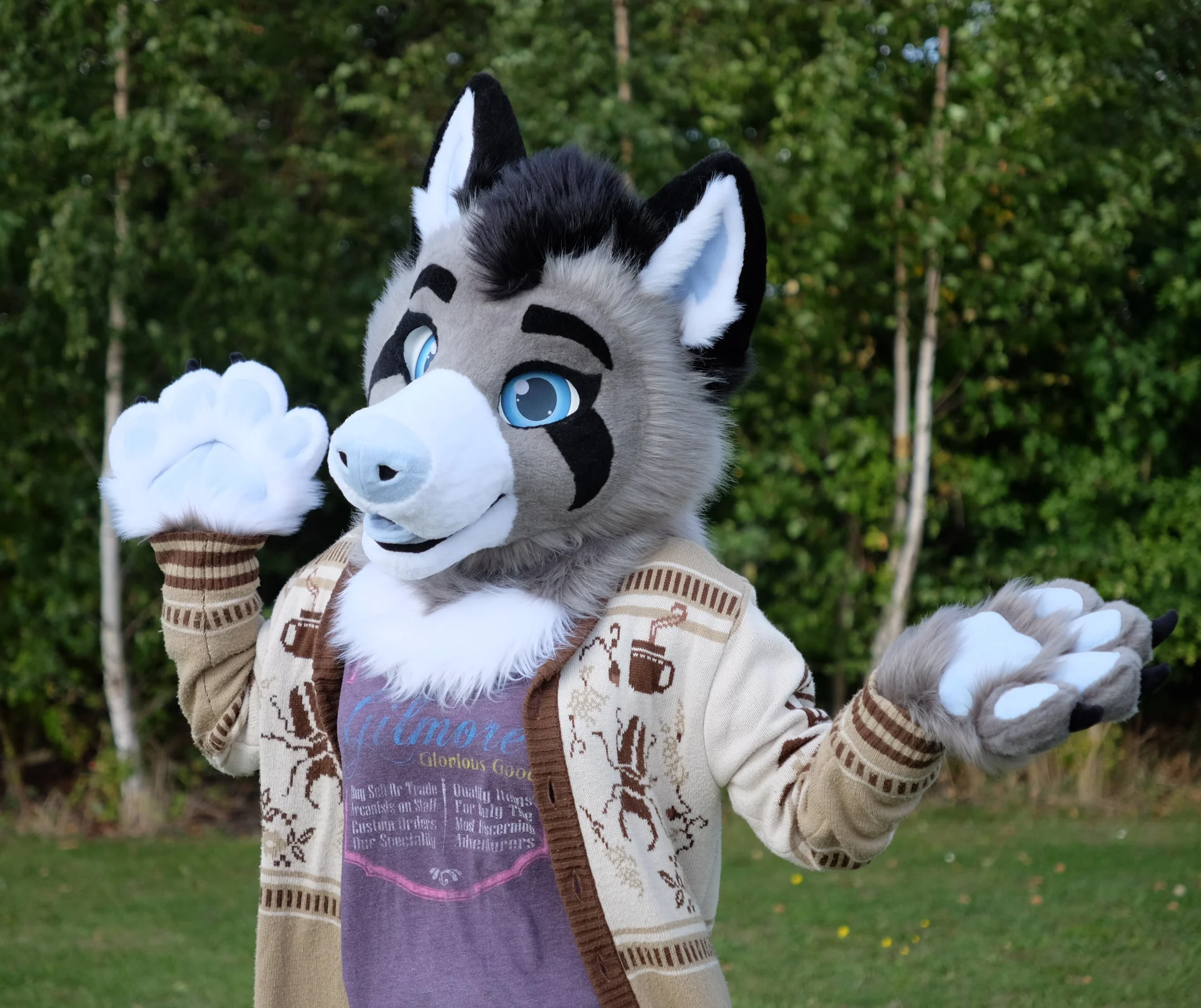 Latimer a grey and black wolf mini partial fursuit open arms happy