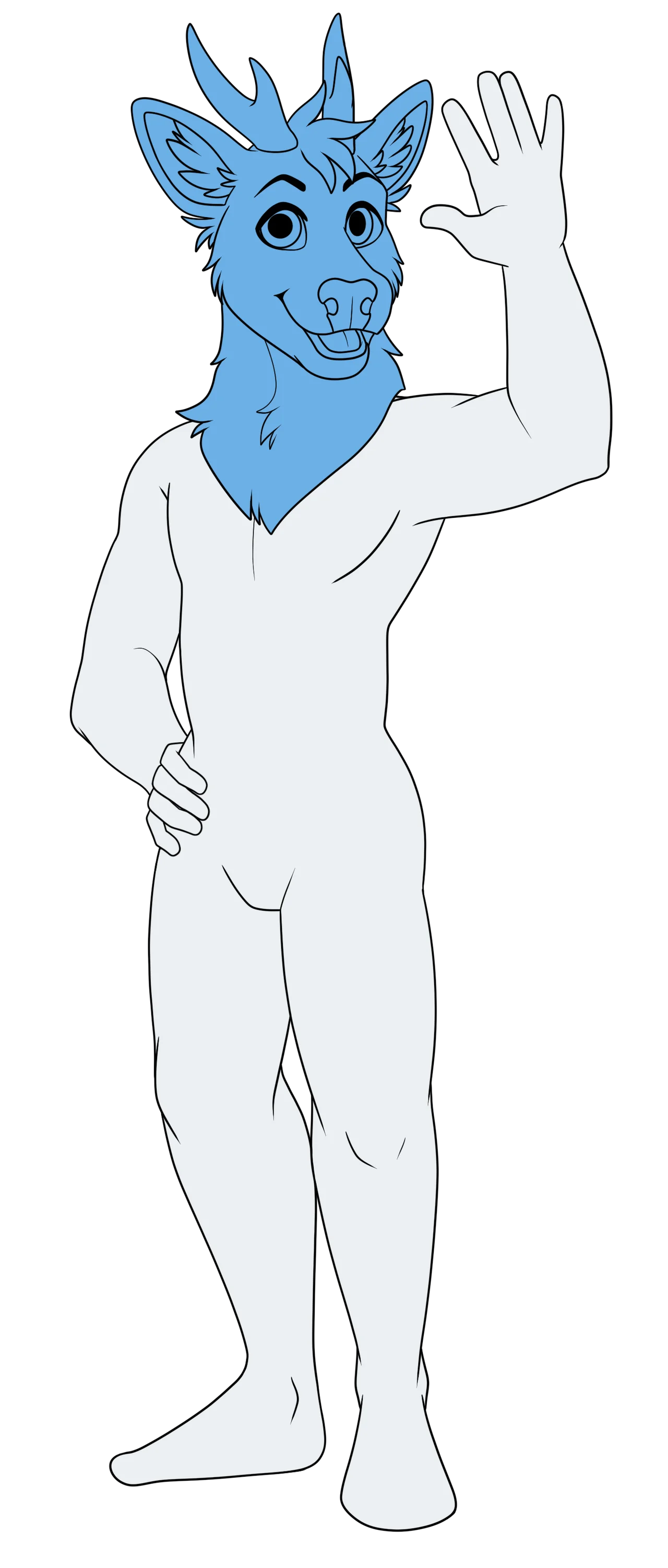 White mannequin, posing with right hand on hip and left hand waving. Wearing a blue deer fursuit head.