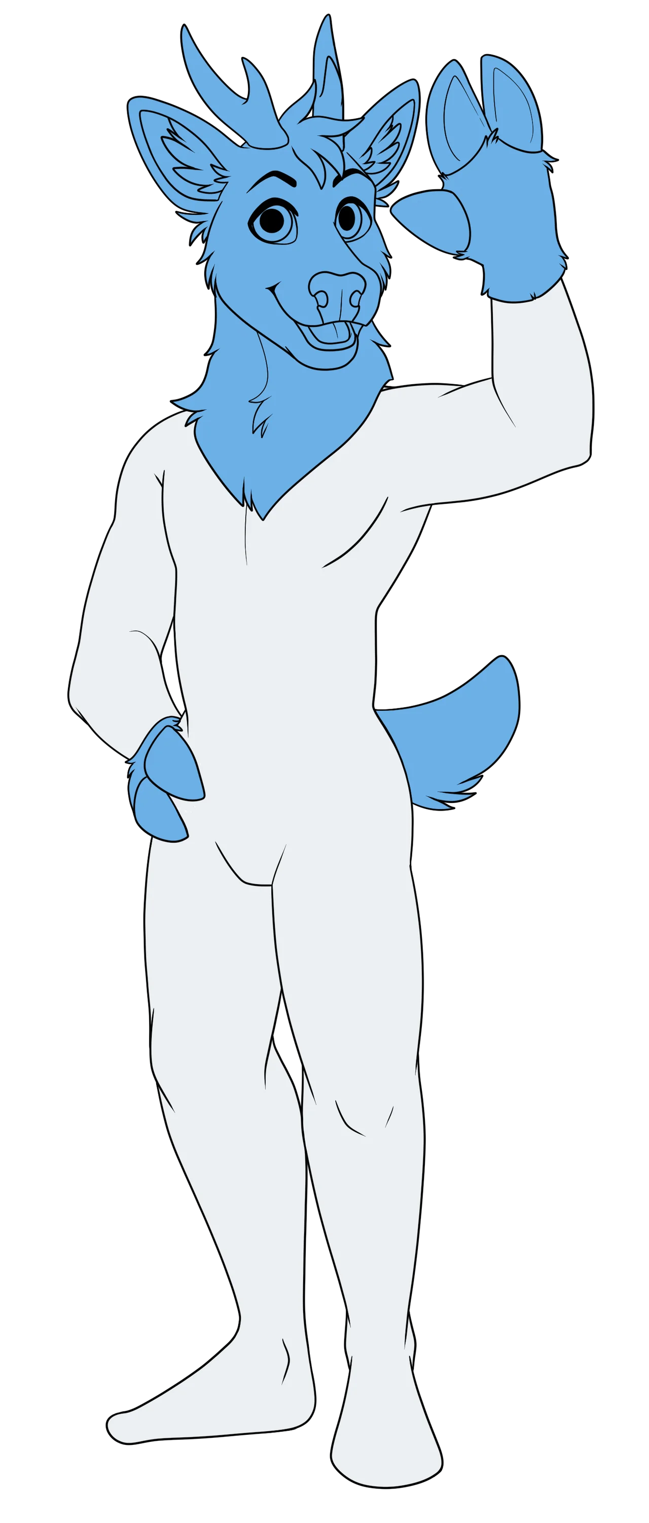 White mannequin, posing with right hand on hip and left hand waving. Wearing a blue deer fursuit head, blue furry hooves and a blue furry nub.
