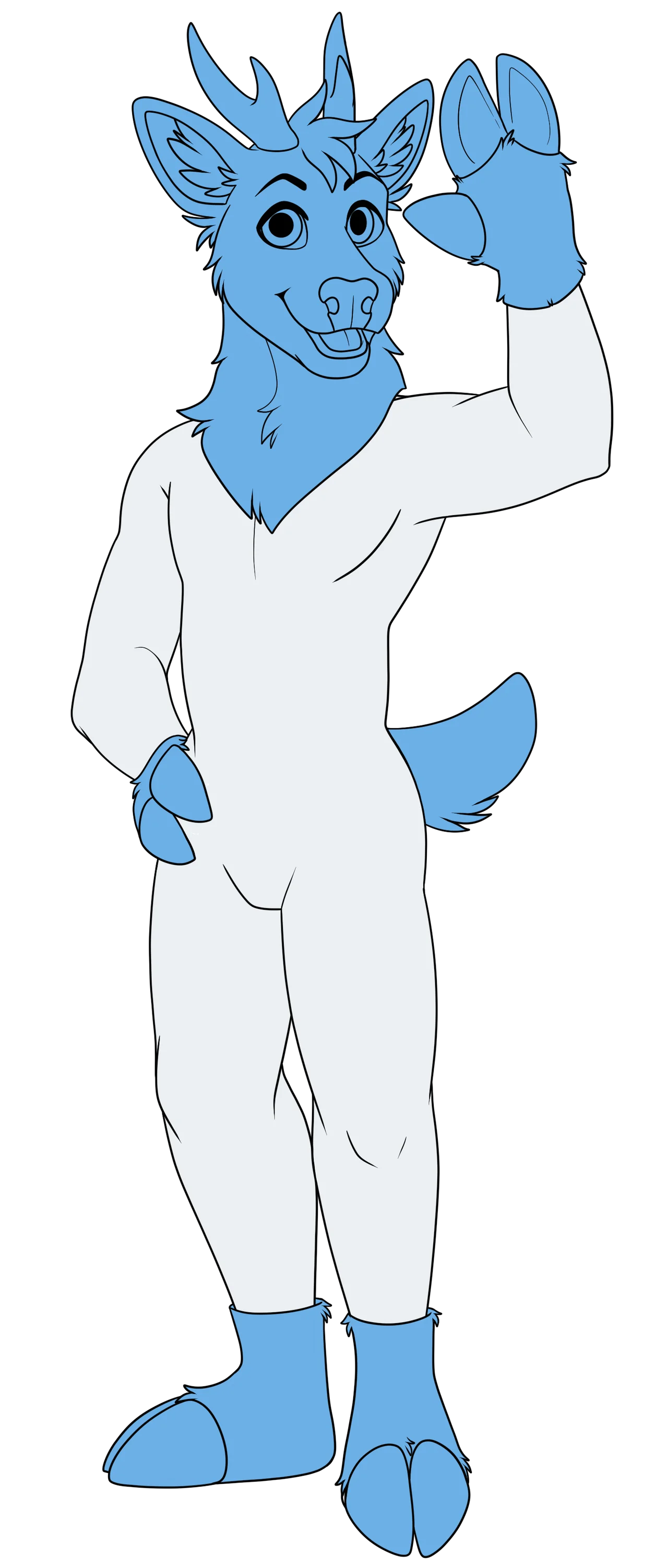 White mannequin, posing with right hand on hip and left hand waving. Wearing a blue deer fursuit head, blue furry hooves, a blue furry nub, and blue furry feet hooves..