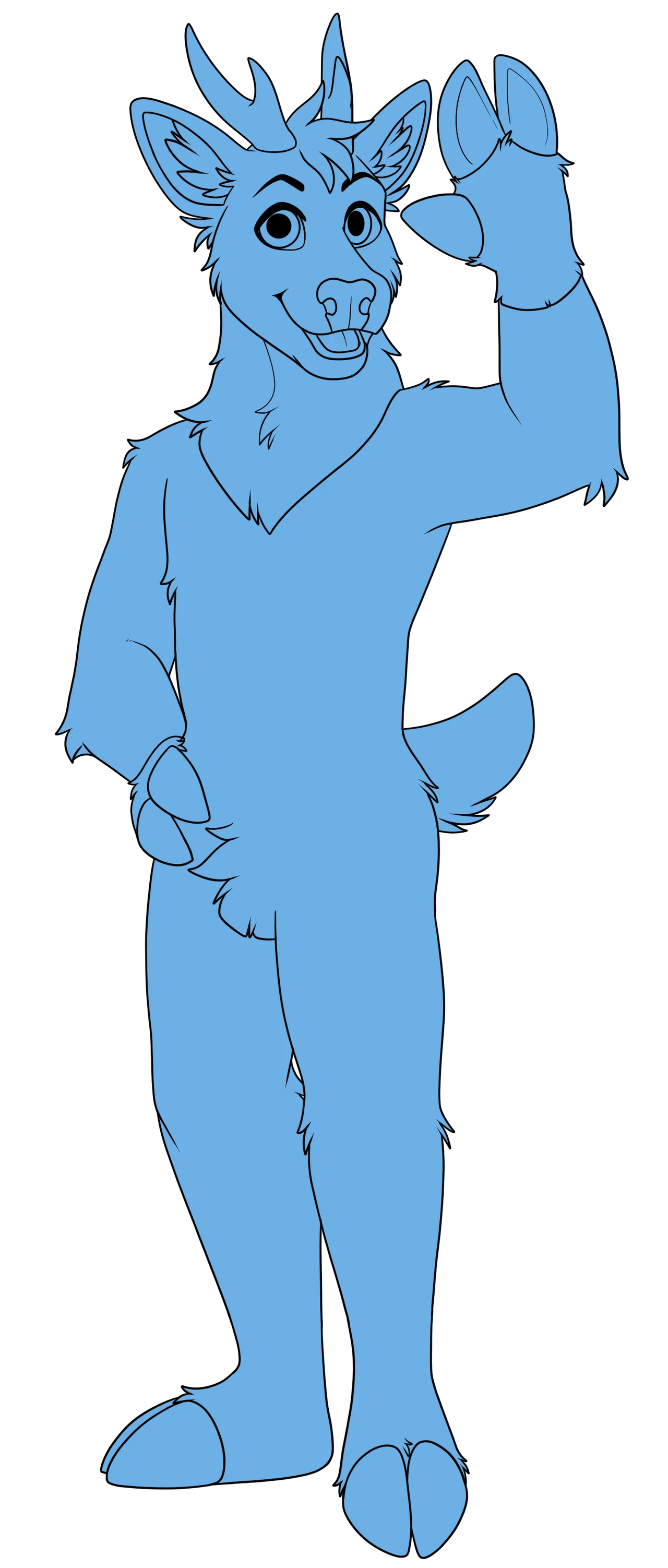 White mannequin, posing with right hand on hip and left hand waving. Wearing a full blue plantigrade fursuit.